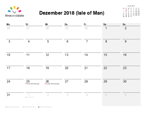 Kalender für 2018 in Isle of Man