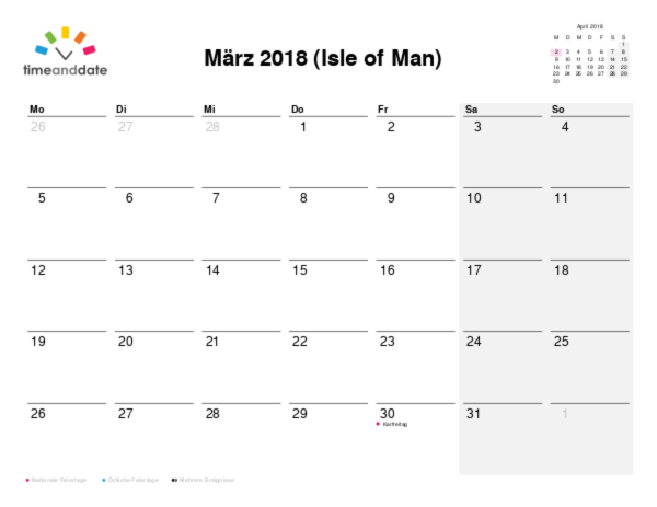 Kalender für 2018 in Isle of Man