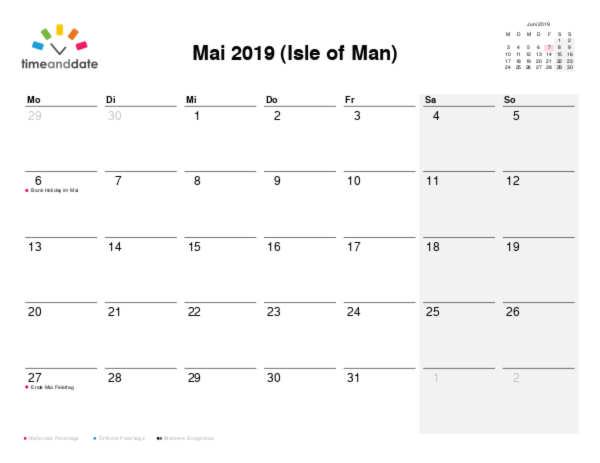 Kalender für 2019 in Isle of Man
