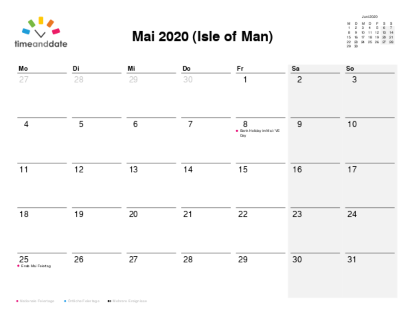 Kalender für 2020 in Isle of Man