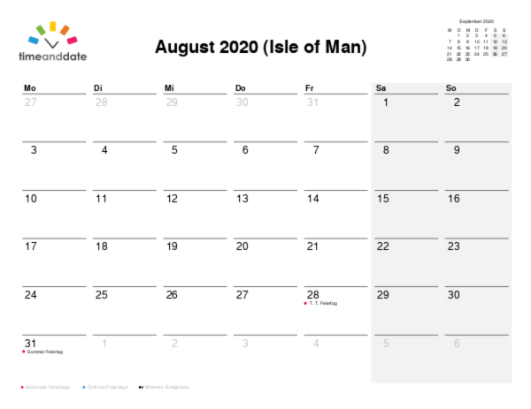 Kalender für 2020 in Isle of Man