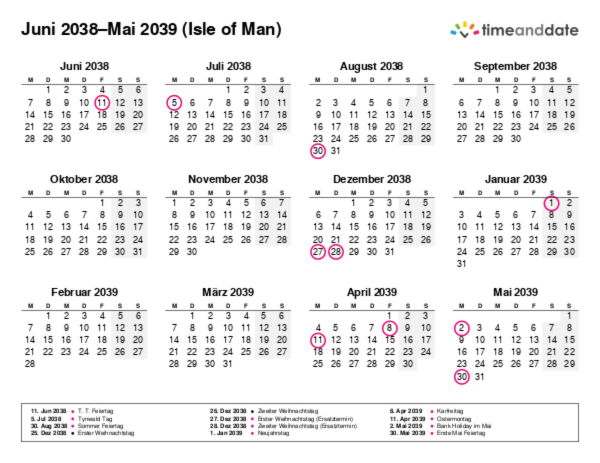 Kalender für 2038 in Isle of Man