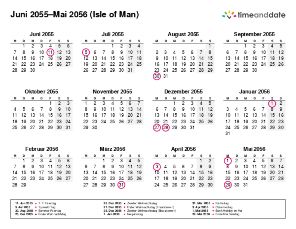 Kalender für 2055 in Isle of Man