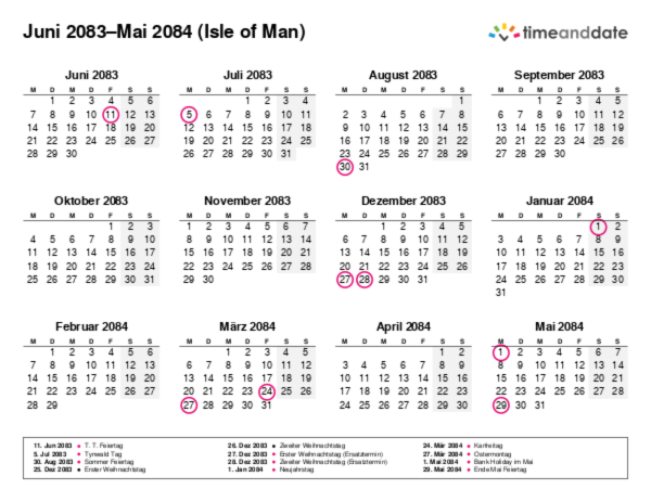 Kalender für 2083 in Isle of Man