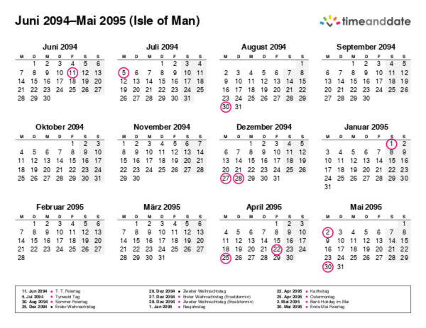 Kalender für 2094 in Isle of Man