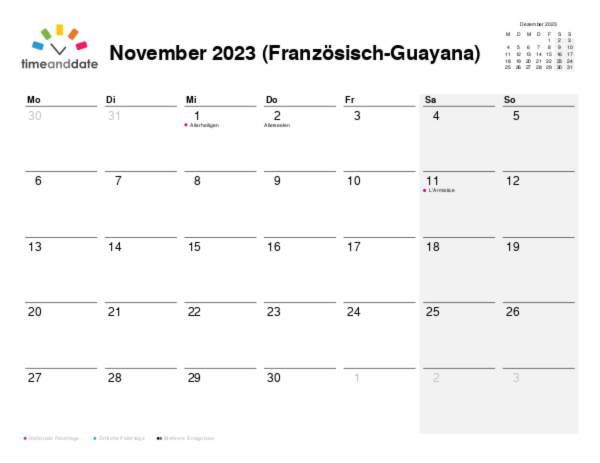 Kalender für 2023 in Französisch-Guayana