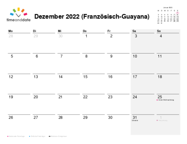 Kalender für 2022 in Französisch-Guayana