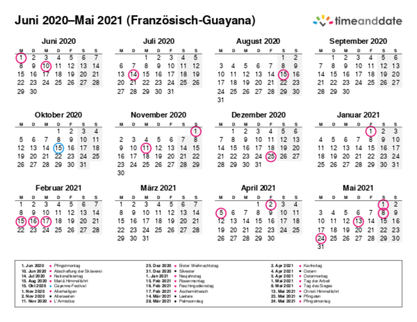 Kalender für 2020 in Französisch-Guayana