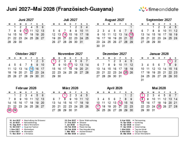 Kalender für 2027 in Französisch-Guayana