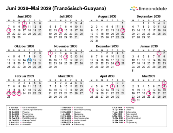 Kalender für 2038 in Französisch-Guayana