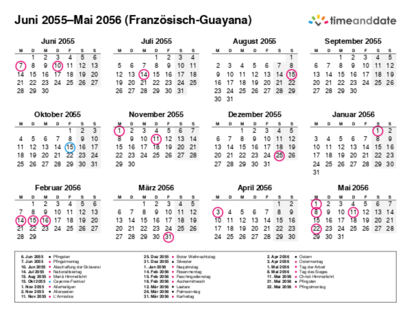 Kalender für 2055 in Französisch-Guayana