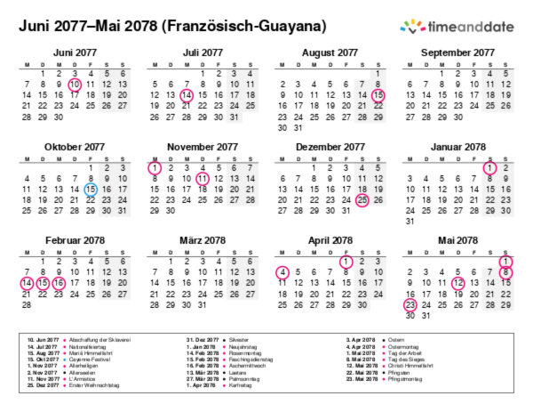 Kalender für 2077 in Französisch-Guayana