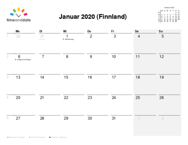 Kalender für 2020 in Finnland