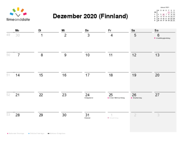 Kalender für 2020 in Finnland