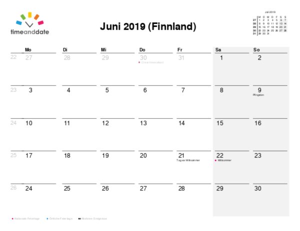 Kalender für 2019 in Finnland