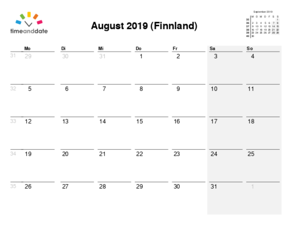 Kalender für 2019 in Finnland
