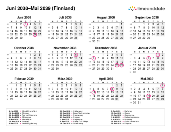 Kalender für 2038 in Finnland