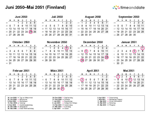 Kalender für 2050 in Finnland