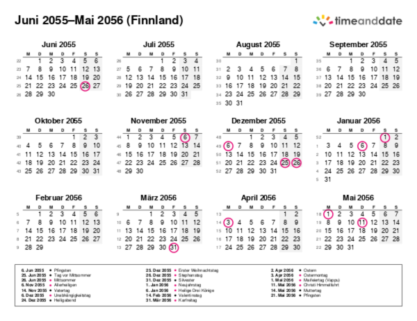 Kalender für 2055 in Finnland