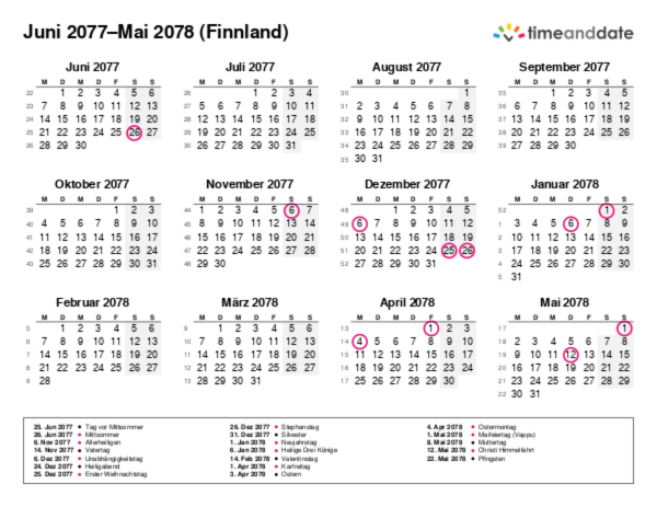 Kalender für 2077 in Finnland