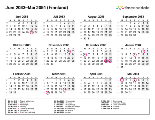Kalender für 2083 in Finnland