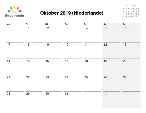 Kalender für 2019 in Niederlande