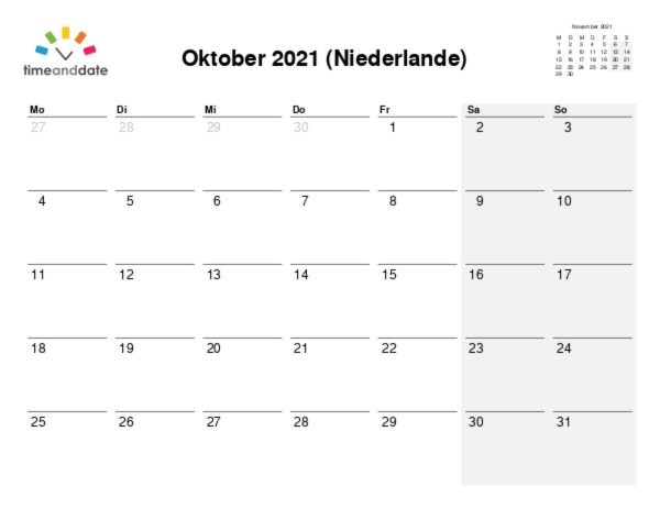 Kalender für 2021 in Niederlande