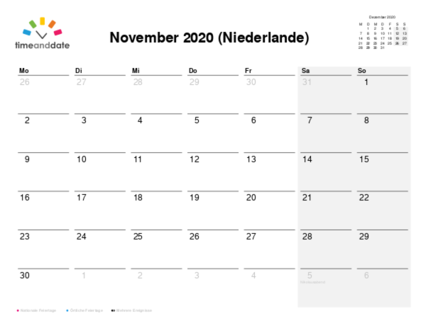 Kalender für 2020 in Niederlande