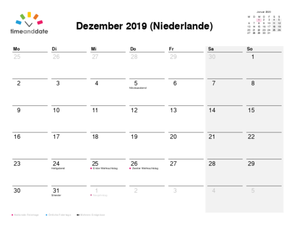 Kalender für 2019 in Niederlande