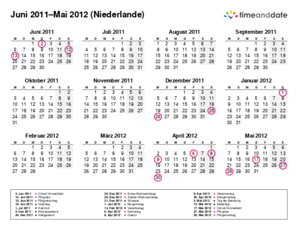 Kalender für 2011 in Niederlande