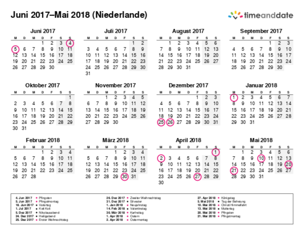 Kalender für 2017 in Niederlande