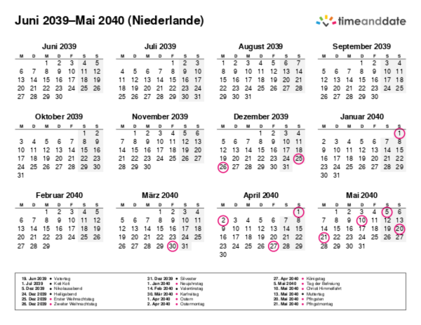 Kalender für 2039 in Niederlande