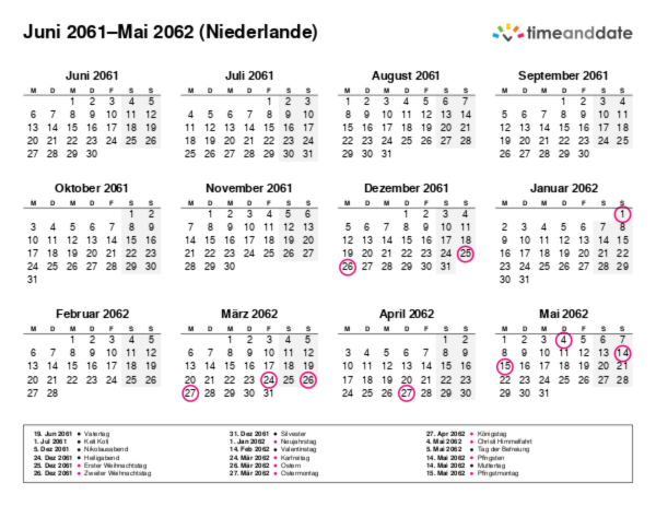 Kalender für 2061 in Niederlande