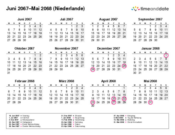 Kalender für 2067 in Niederlande