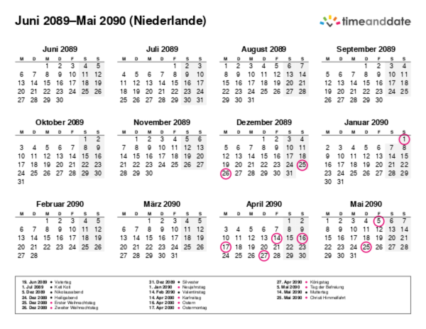 Kalender für 2089 in Niederlande