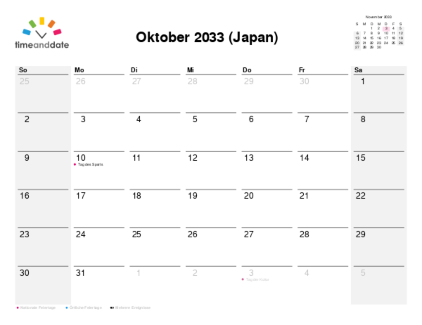 Kalender für 2033 in Japan