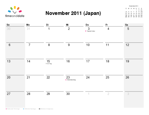Kalender für 2011 in Japan