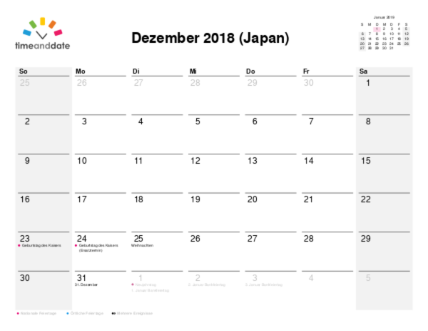 Kalender für 2018 in Japan