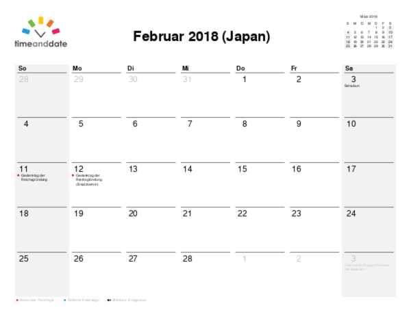 Kalender für 2018 in Japan