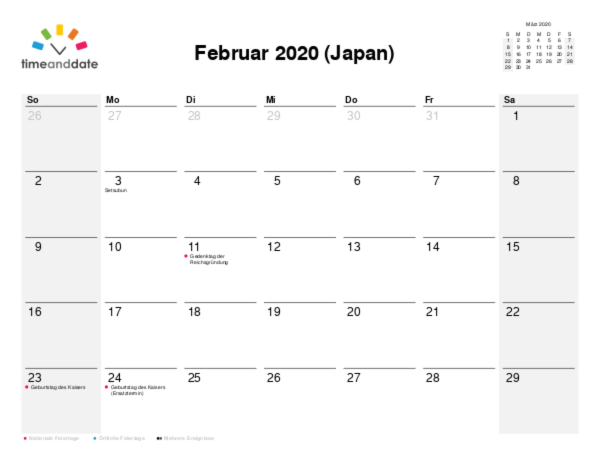 Kalender für 2020 in Japan