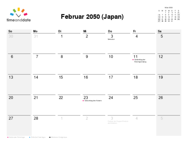 Kalender für 2050 in Japan