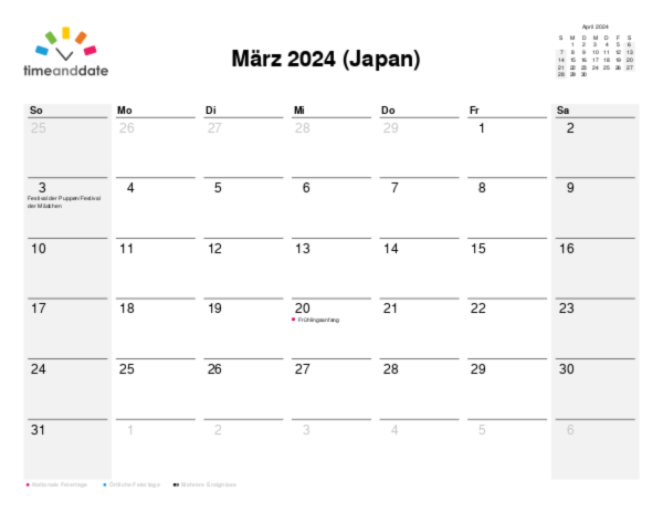 Kalender für 2024 in Japan