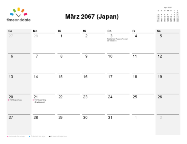 Kalender für 2067 in Japan