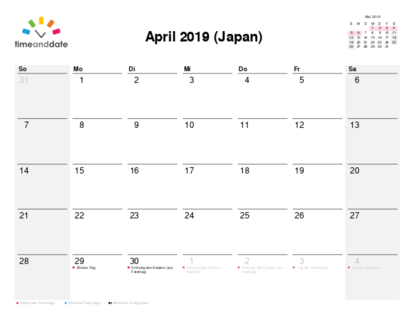 Kalender für 2019 in Japan
