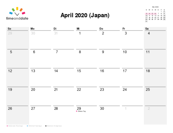 Kalender für 2020 in Japan