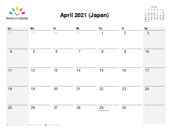 Kalender für 2021 in Japan
