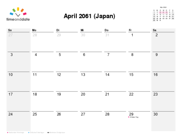 Kalender für 2061 in Japan