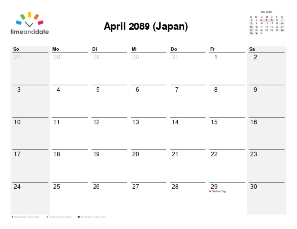 Kalender für 2089 in Japan