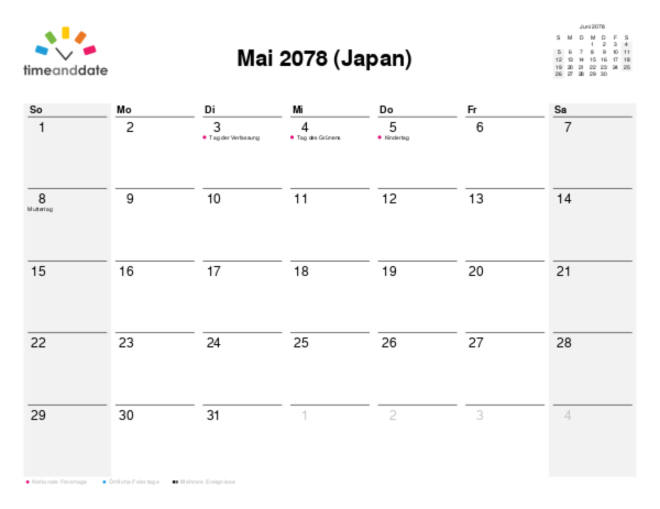 Kalender für 2078 in Japan