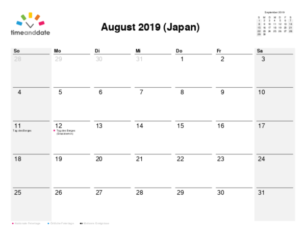Kalender für 2019 in Japan